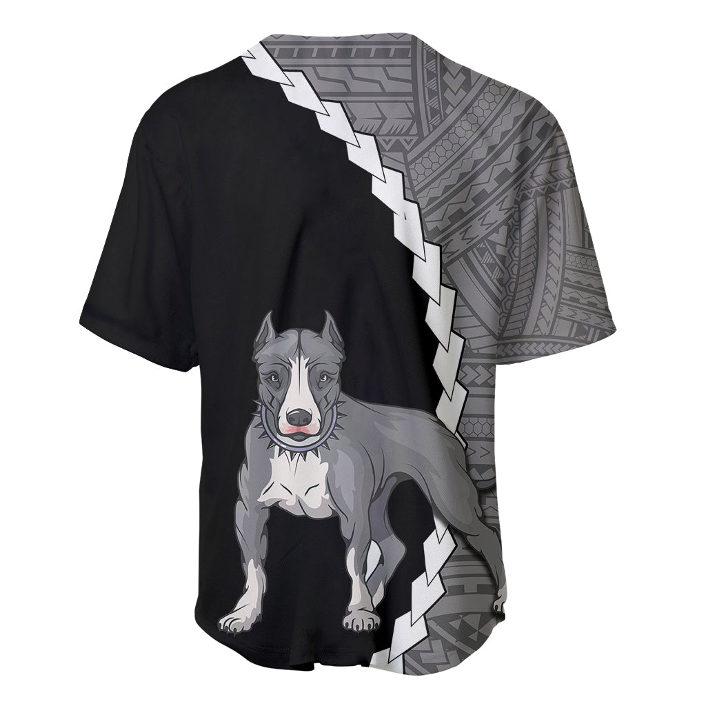 Black and gray baseball jersey with zigzag white trim and large pitbull dog print