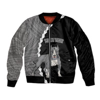Black unisex bomber jacket with front zipper and pitbull dog graphic, tribal pattern