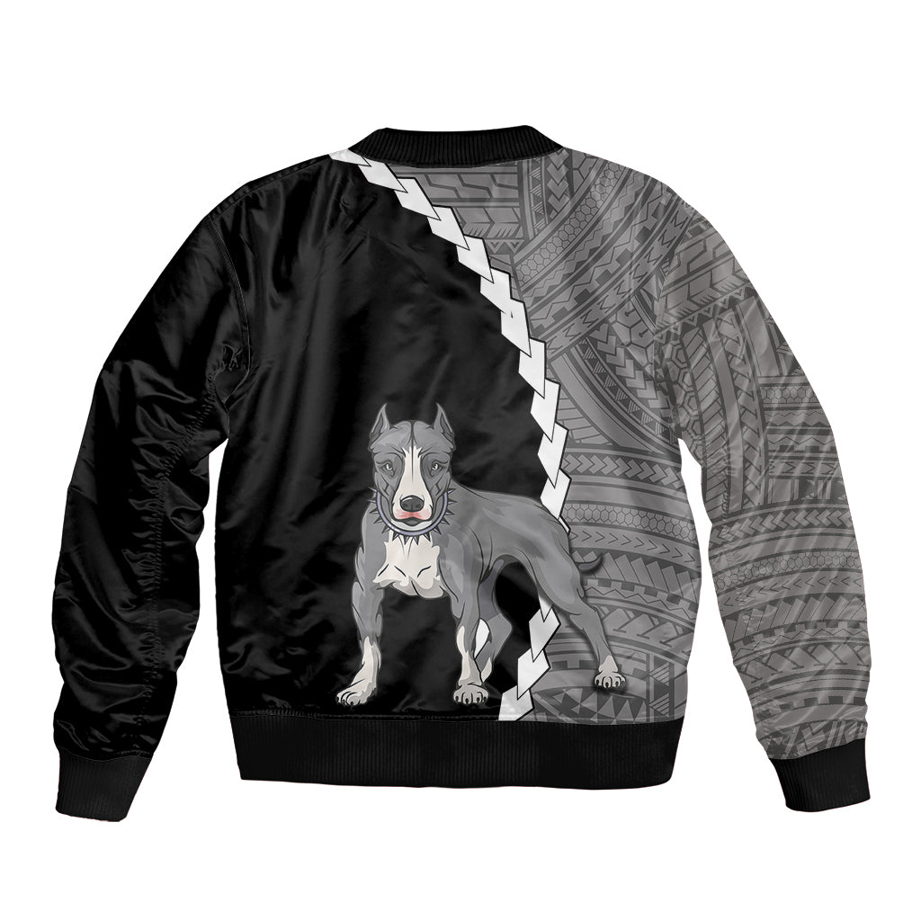 Black bomber jacket with pitbull dog graphic and tribal pattern on back, ribbed cuffs