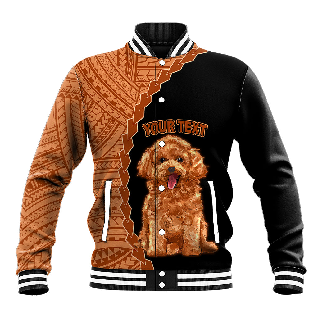 Black baseball jacket with tan tribal-pattern sleeves, poodle graphic, striped collar and cuffs.