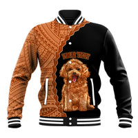Black baseball jacket with tan tribal-pattern sleeves, poodle graphic, striped collar and cuffs.