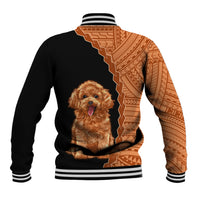 Black baseball jacket with tan tribal back panel, poodle face print, striped ribbed hem and cuffs.