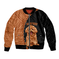 Black bomber jacket with brown tribal panels and poodle dog graphic, zip front