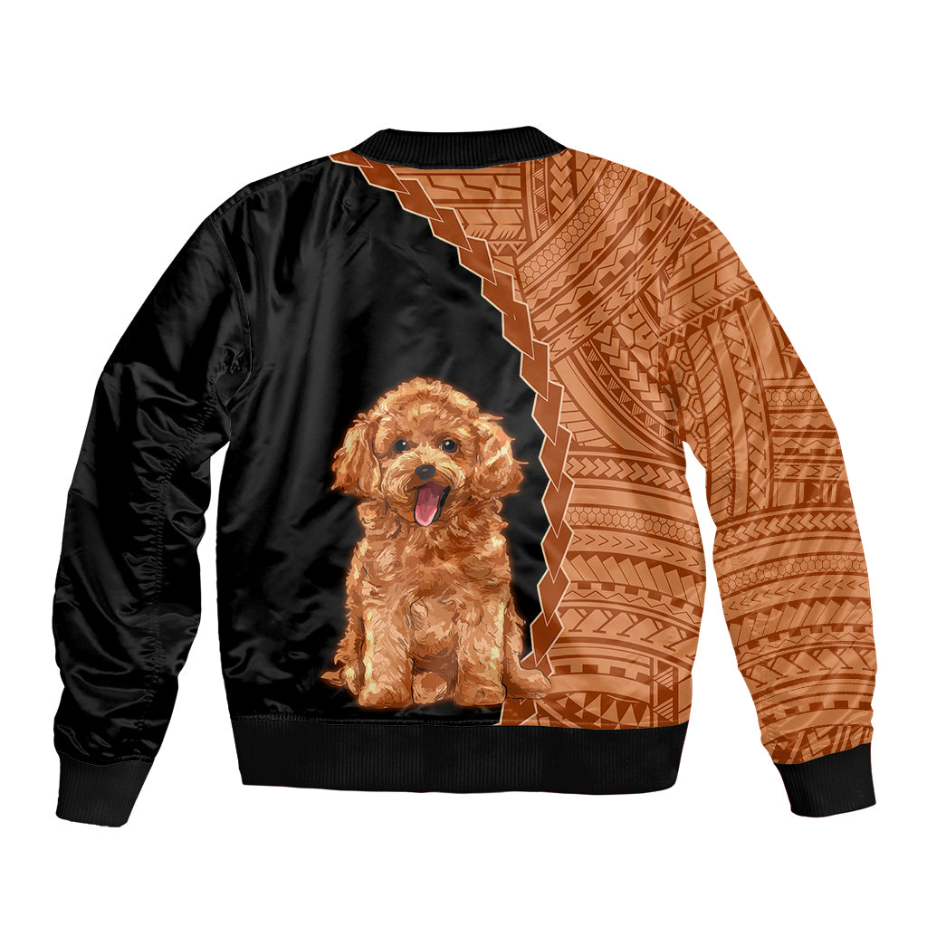 Black bomber jacket with diagonal brown tribal design and centered poodle dog print