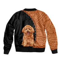Black bomber jacket with diagonal brown tribal design and centered poodle dog print