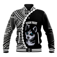 Black baseball jacket with white tribal sleeve panels, husky graphic, 'YOUR TEXT' front