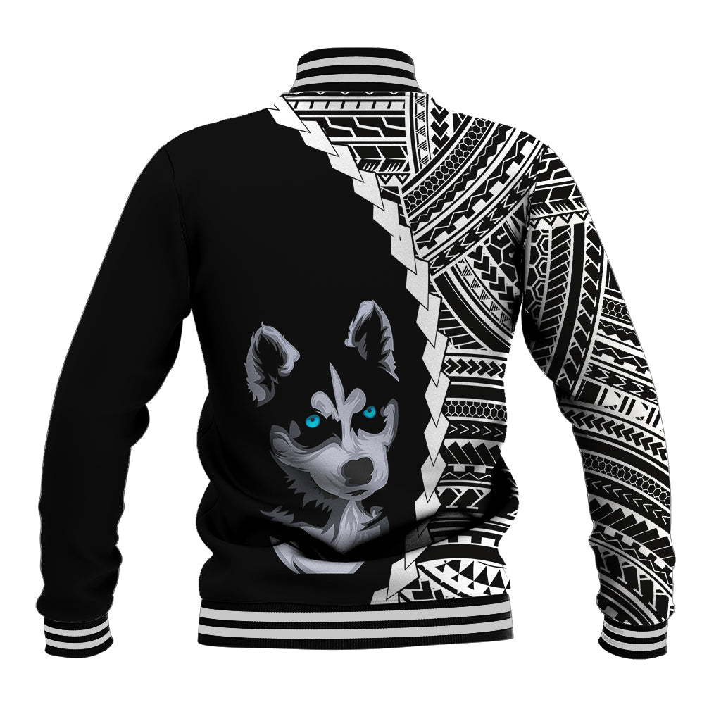 Black baseball jacket with full husky graphic and white tribal pattern sleeves, striped collar