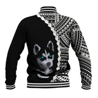Black baseball jacket with full husky graphic and white tribal pattern sleeves, striped collar
