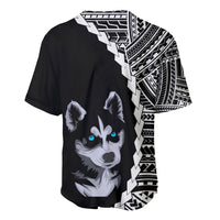 Black dog baseball jersey with large husky face print and tribal half-sleeve design