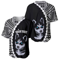 Black dog baseball jersey with husky print, YOUR TEXT, and tribal sleeve panels