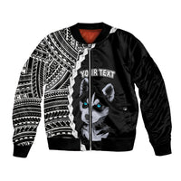 Black unisex bomber jacket with front zipper, ribbed collar, husky graphic and tribal sleeves