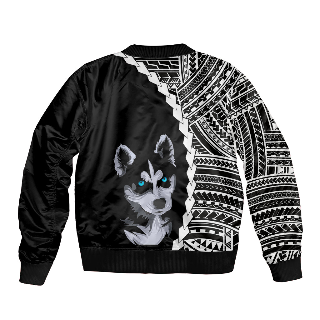 Black bomber jacket with ribbed hem, husky graphic and polynesian tribal side panel