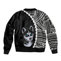 Black bomber jacket with ribbed hem, husky graphic and polynesian tribal side panel