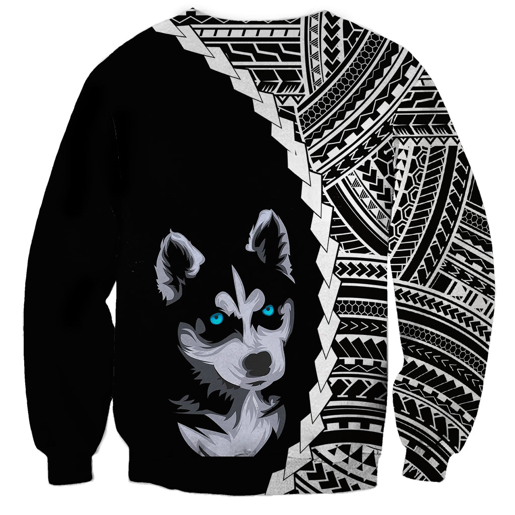 Black unisex husky sweatshirt with tribal tattoo panel and husky face graphic