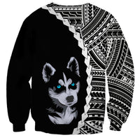 Black unisex husky sweatshirt with tribal tattoo panel and husky face graphic