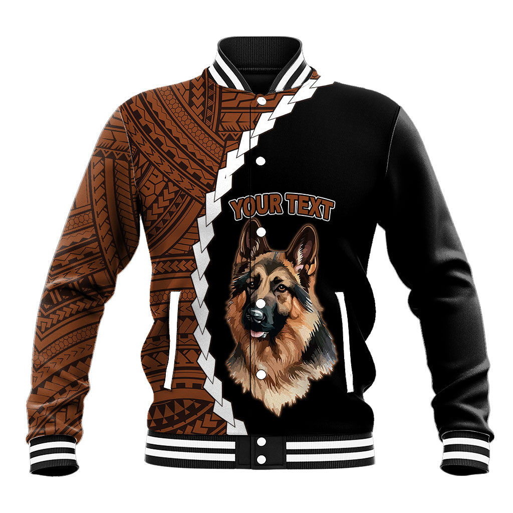 Black baseball jacket with German shepherd front graphic, brown tribal sleeves, snap buttons