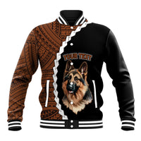 Black baseball jacket with German shepherd front graphic, brown tribal sleeves, snap buttons