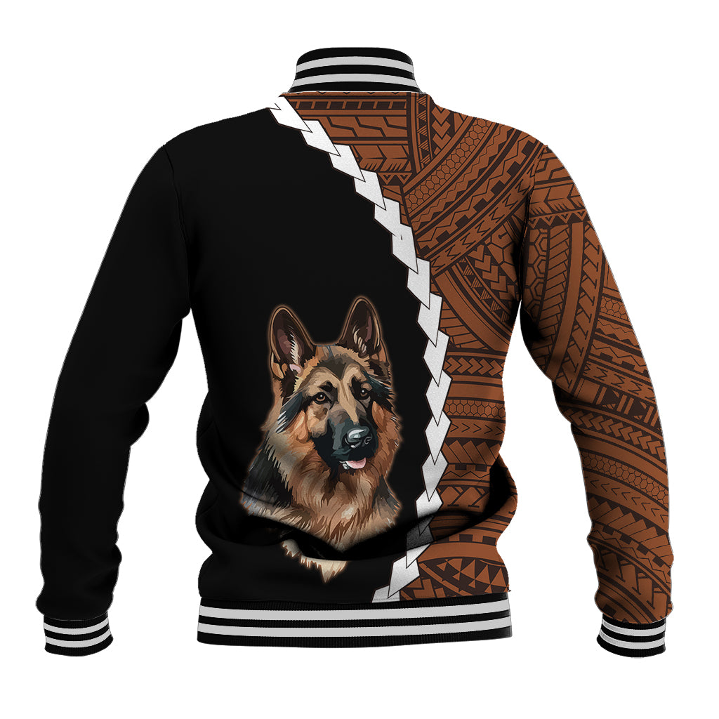 Black baseball jacket with German shepherd artwork on back, brown tribal panels, ribbed cuffs