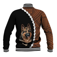 Black baseball jacket with German shepherd artwork on back, brown tribal panels, ribbed cuffs