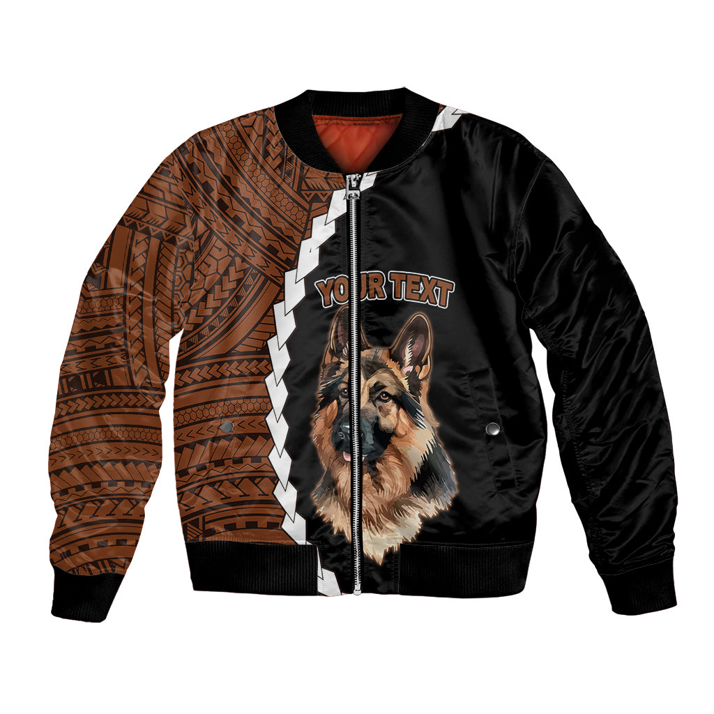 Unisex bomber jacket, black with German Shepherd graphic and brown tribal tattoo panels