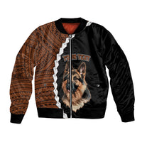 Unisex bomber jacket, black with German Shepherd graphic and brown tribal tattoo panels