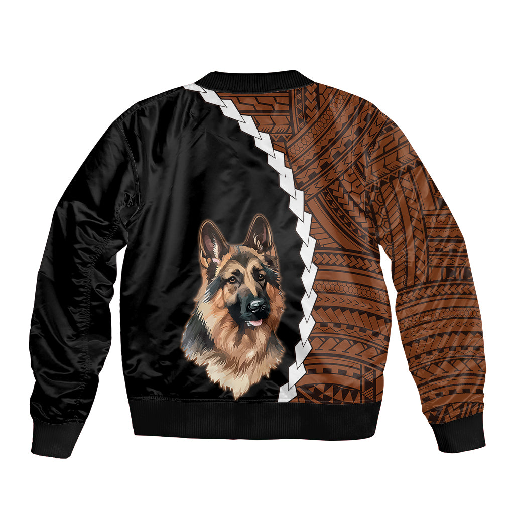 Unisex bomber jacket with German Shepherd face graphic, black and brown tribal pattern panels
