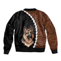 Unisex bomber jacket with German Shepherd face graphic, black and brown tribal pattern panels