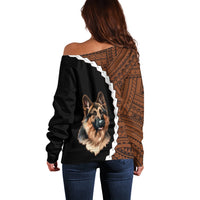 Women's off-shoulder sweater with brown tribal back panel and black dog graphic