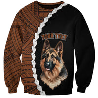 Unisex black sweatshirt with German Shepherd graphic and Polynesian tribal sleeves, zigzag trim