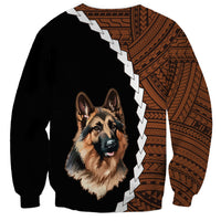 Unisex black sweatshirt with German Shepherd head print and tribal pattern panel, zigzag edge