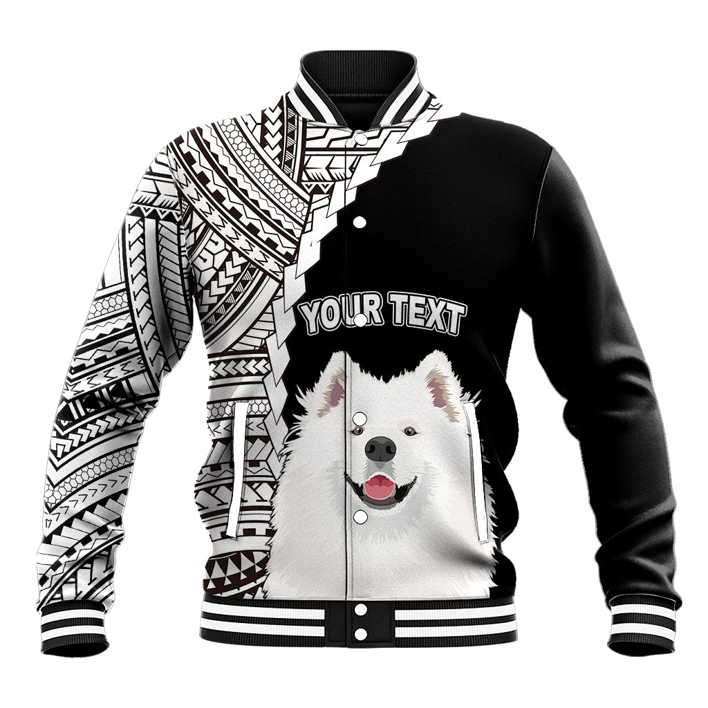 Black unisex baseball jacket with white tribal sleeves and Samoyed dog front graphic