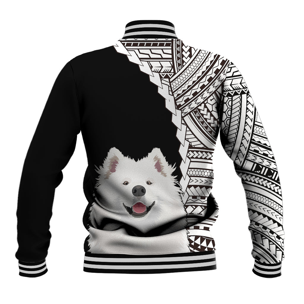 Black unisex baseball jacket with tribal stripe sleeves and Samoyed dog chest print