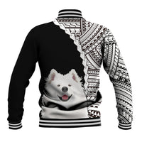 Black unisex baseball jacket with tribal stripe sleeves and Samoyed dog chest print