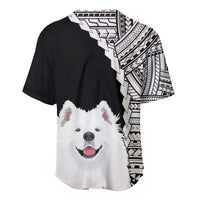 Black baseball jersey with Samoyed face graphic and white tribal pattern on shoulders