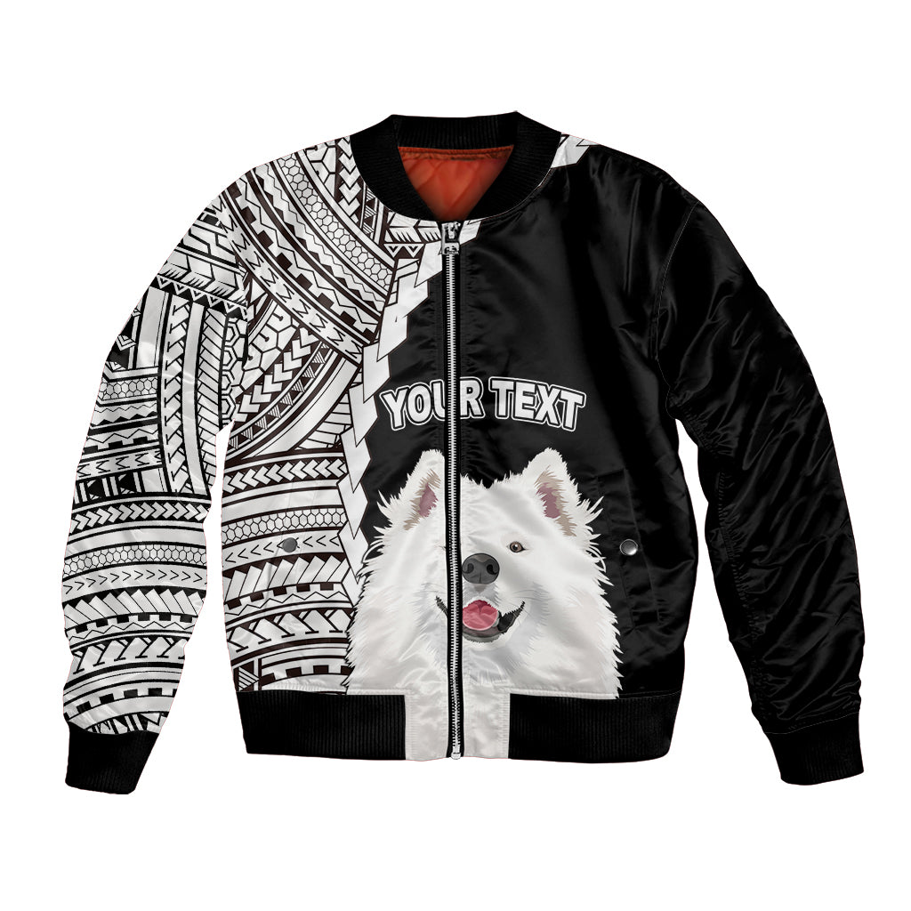 Black unisex bomber jacket with tribal sleeves, Samoyed dog front graphic, and 'Your Text'