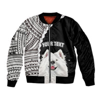 Black unisex bomber jacket with tribal sleeves, Samoyed dog front graphic, and 'Your Text'