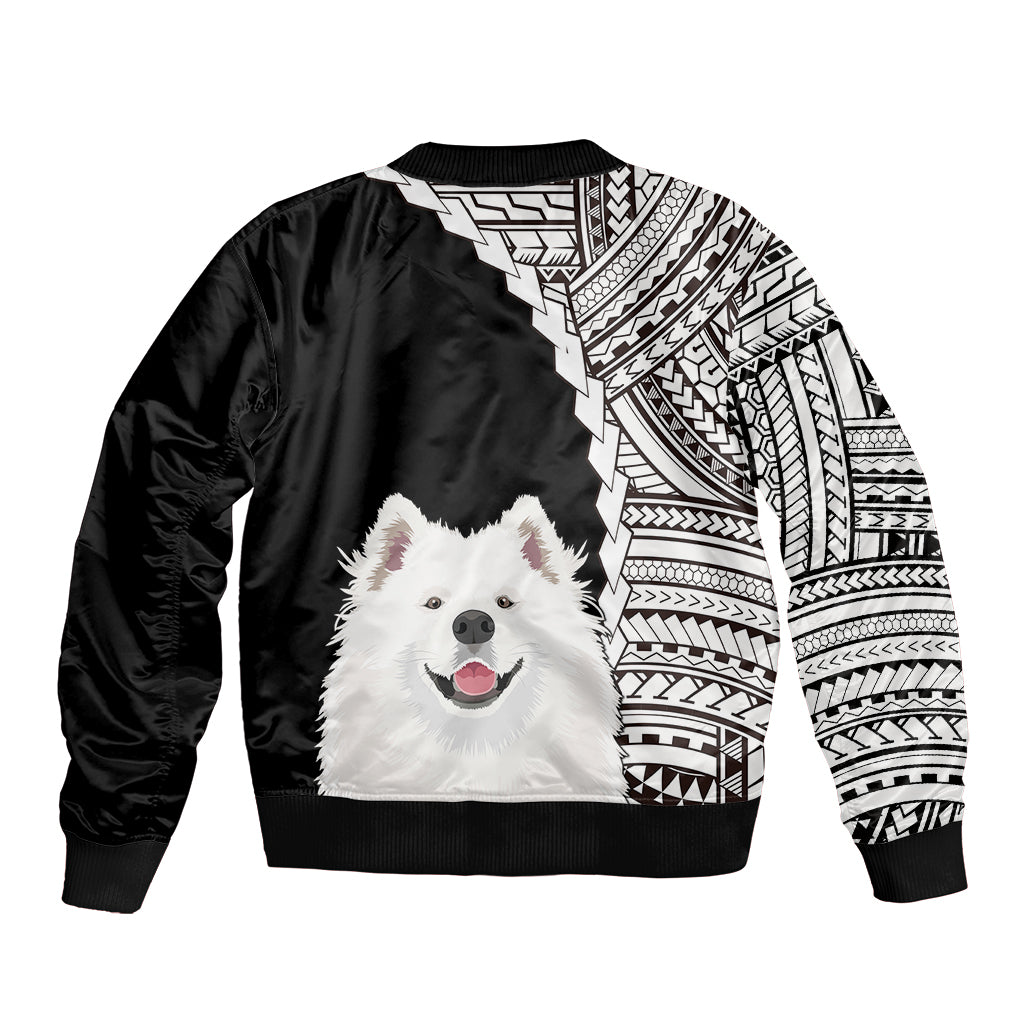 Black unisex bomber jacket with Polynesian tribal pattern and large Samoyed dog face graphic
