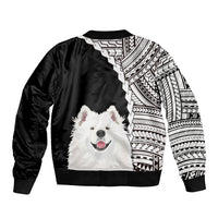 Black unisex bomber jacket with Polynesian tribal pattern and large Samoyed dog face graphic