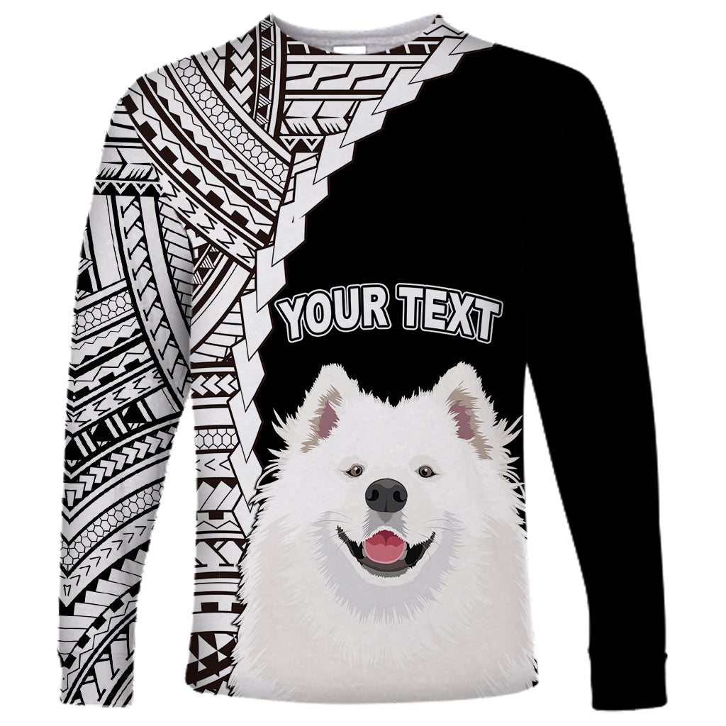 Black long-sleeve dog shirt, Samoyed face, tribal sleeves, YOUR TEXT print