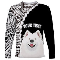 Black long-sleeve dog shirt, Samoyed face, tribal sleeves, YOUR TEXT print