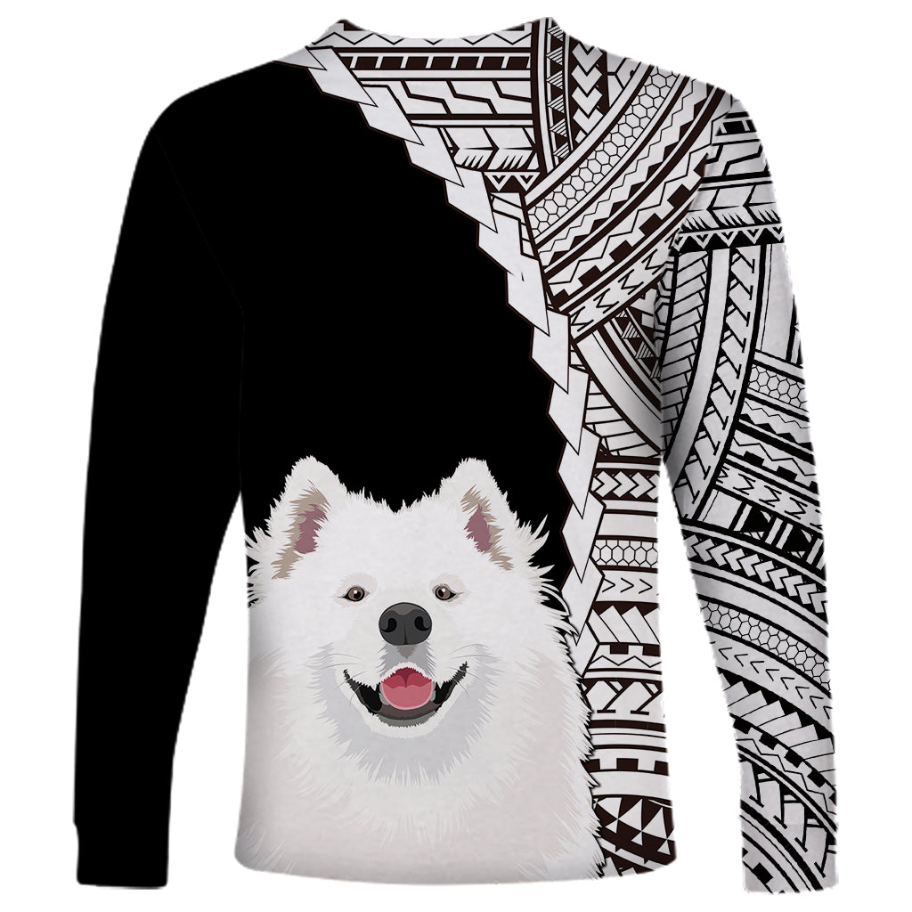 Black long-sleeve dog shirt with Samoyed face and black-and-white tribal V-panel