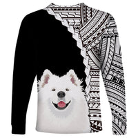 Black long-sleeve dog shirt with Samoyed face and black-and-white tribal V-panel