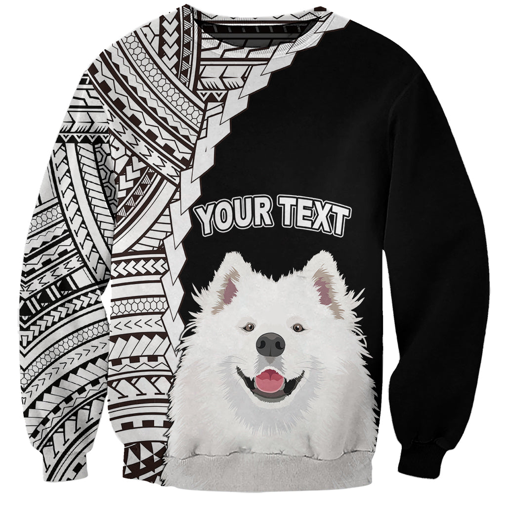 Black unisex dog sweatshirt with polynesian sleeve print and Samoyed face, custom text