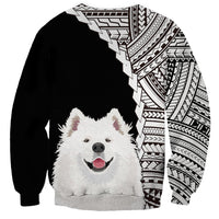 Black unisex dog sweatshirt with polynesian side print and Samoyed face front