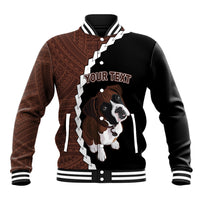 Black baseball jacket with brown tribal panel, dog graphic, white zigzag trim, snap front