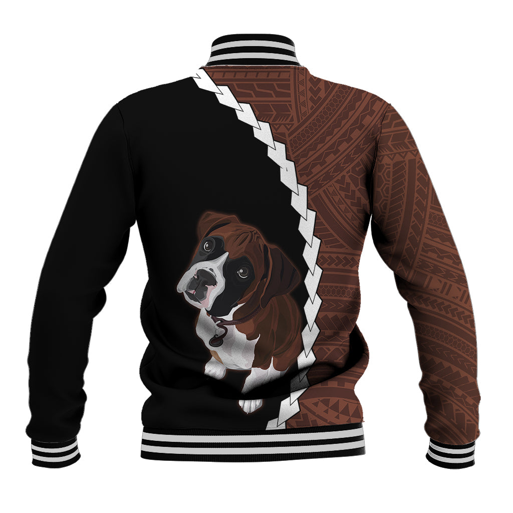 Back baseball jacket with brown tribal sleeve, dog face graphic, white zigzag trim, striped cuffs