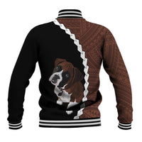 Back baseball jacket with brown tribal sleeve, dog face graphic, white zigzag trim, striped cuffs