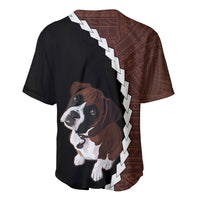 Black baseball jersey with boxer dog graphic, brown tribal side panel and zigzag placket