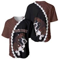 Boxer dog baseball jersey, black front and brown tribal back with white zigzag placket