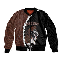 Black bomber jacket with zip front, dog graphic and 'Your text' patch